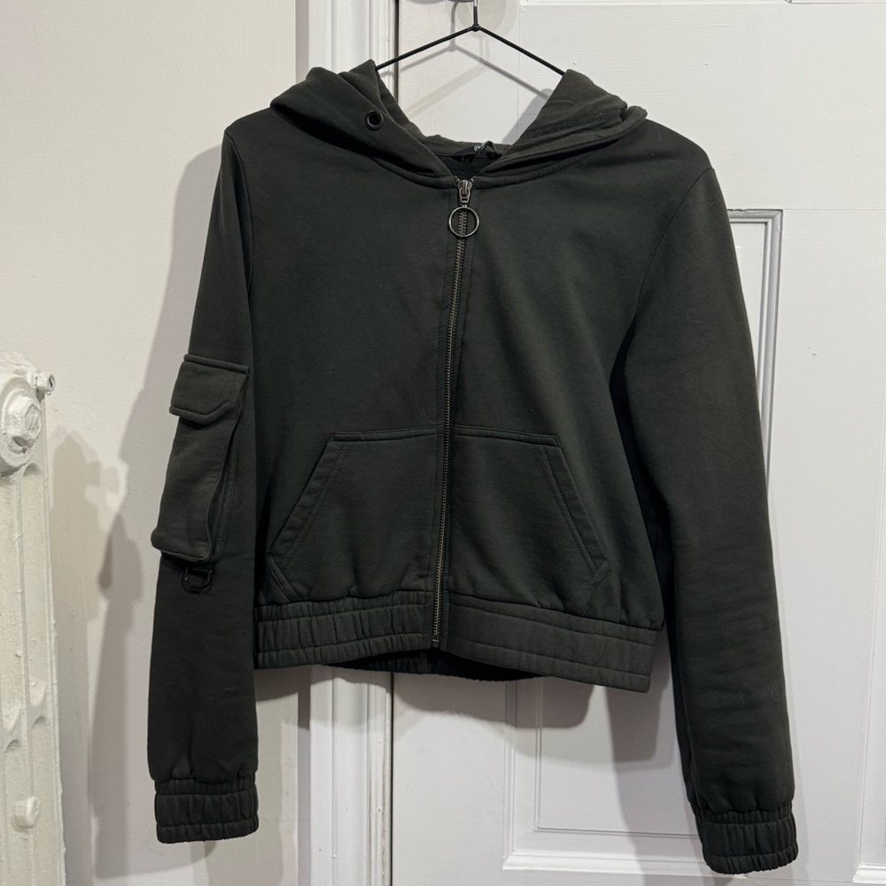 Khaki Hoodie crop top women woman S M dark green stylish zip-up casual wear
